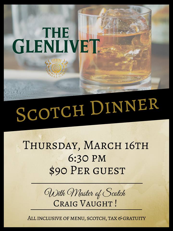 Flier advertising The Glenlivet Scotch Dinner at Kirby's Steakhouse