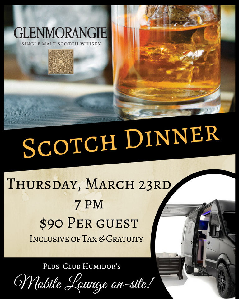 Flier for Glenmorangie Scotch Dinner at Kirby's Steakhouse featuring a glass of scotch