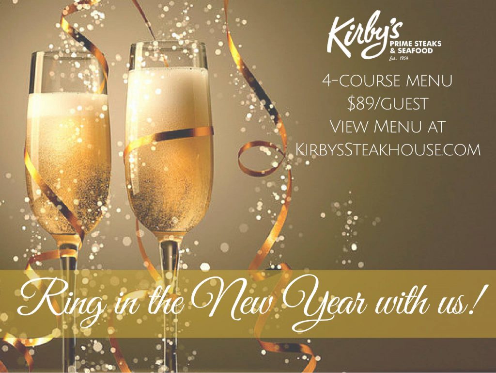 Glasses of champagne with confetti and streamers falling, text overlays saying Ring in the New Year with us!