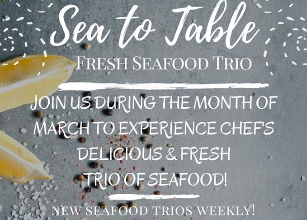 Invitation to Sea to Table Seafood Trios during March 2017 at Kirby's Steakhouse, text over grey background with lemon slices and salt