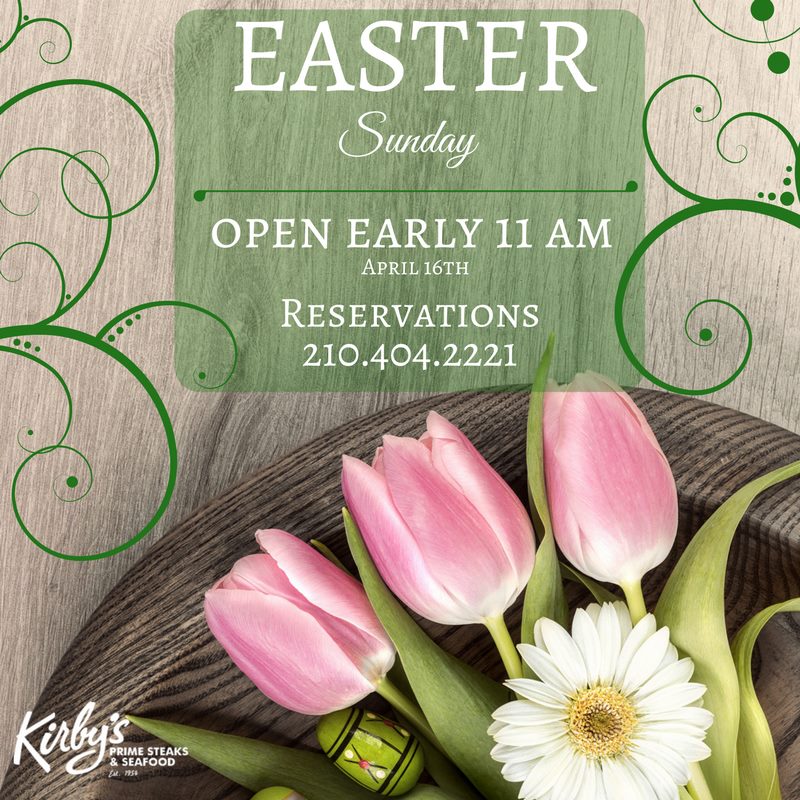 Invitation to Easter Lunch at Kirby's Steakhouse in San Antonio with photo of a daisy and three tulips