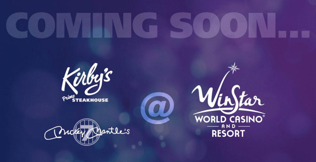 Kirby's Steakhouse at WinStar purple background with white logos for Kirby's and Mickey Mantle's and WinStar