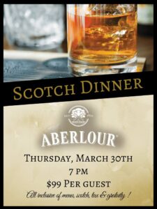 Flier for Abelour Scotch Dinner at Kirby's Steakhouse featuring a glass of scotch