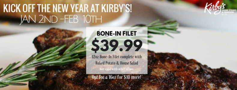 Our $39.99 Bone In Filet is Here to Stay text overlays photo of bone in filet and garnish