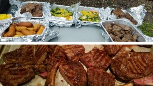 Two photos in a collage from Kirby's Steakhouse of food served to first responders on a table after Hurricane Harvey