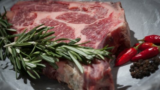 Raw steak with hot peppers, Christmas tree garnish, and pepper.