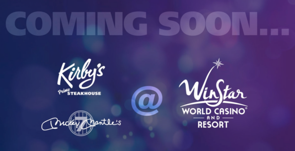 Kirby's Steakhouse at WinStar purple background with white logos for Kirby's and Mickey Mantle's and WinStar