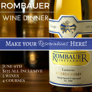 Invitation to the Rombauer Wine Dinner at Kirby's Steakhouse - image of bottle of Rombauer Wine