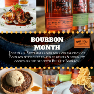 collage of photos featuring Kirby's signature food items with BOURBON month written on what looks like a chalk board in the middle