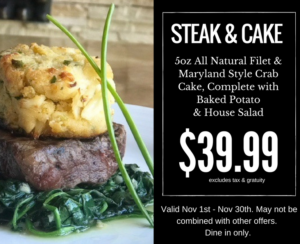 steak and cake ad with a 5 oz steak and crabcake with the details